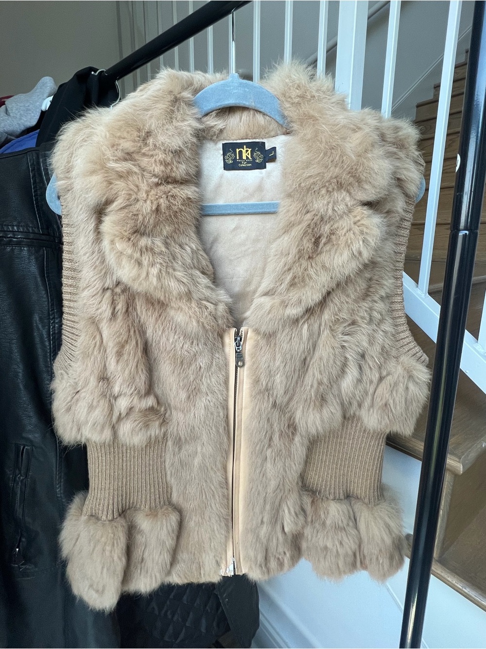 Metric Knits Tan Rabbit Fur Zip-Front Vest